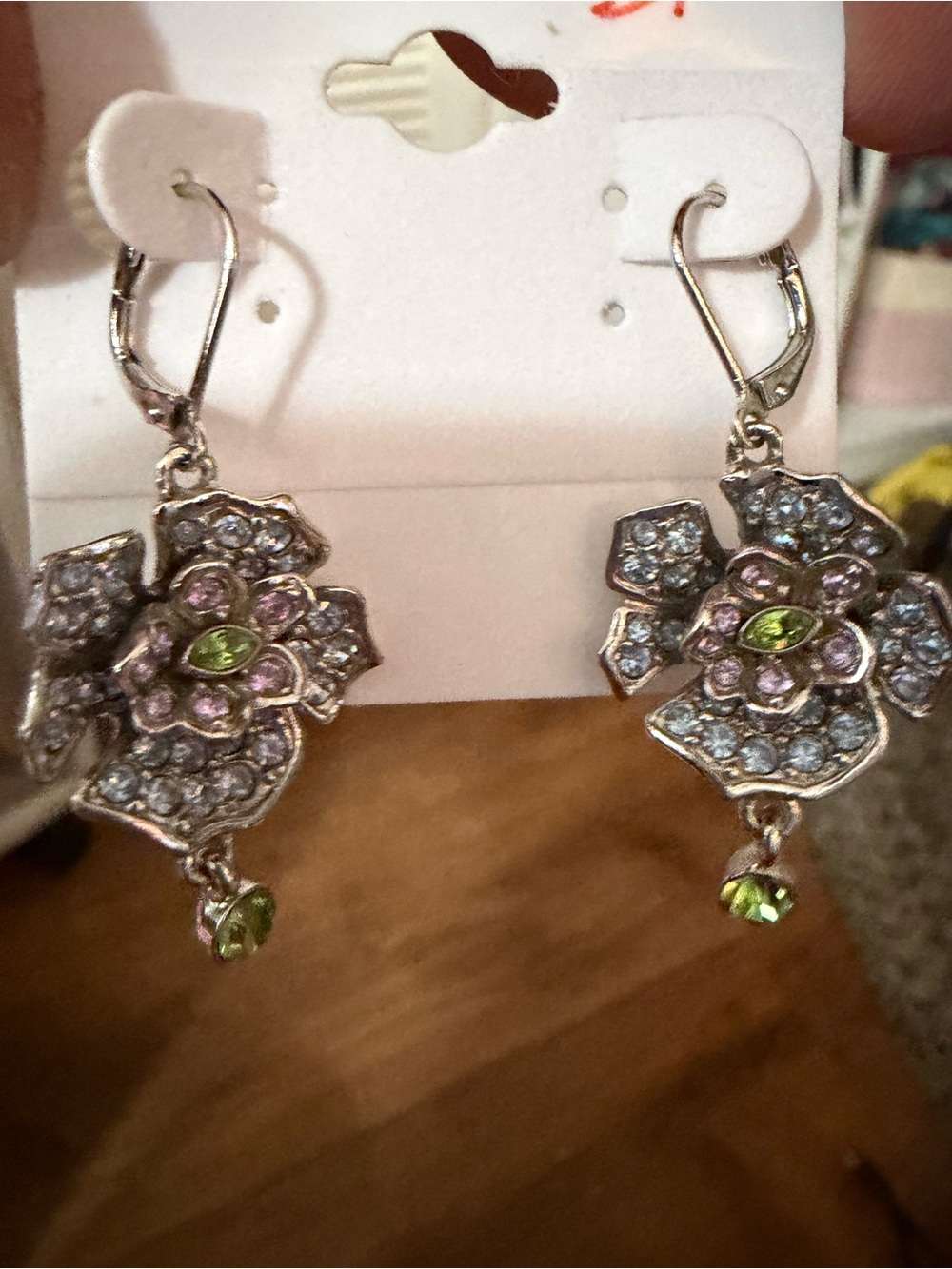 Givenchy Silver Floral Drop Earrings with Pink & Green Crystals